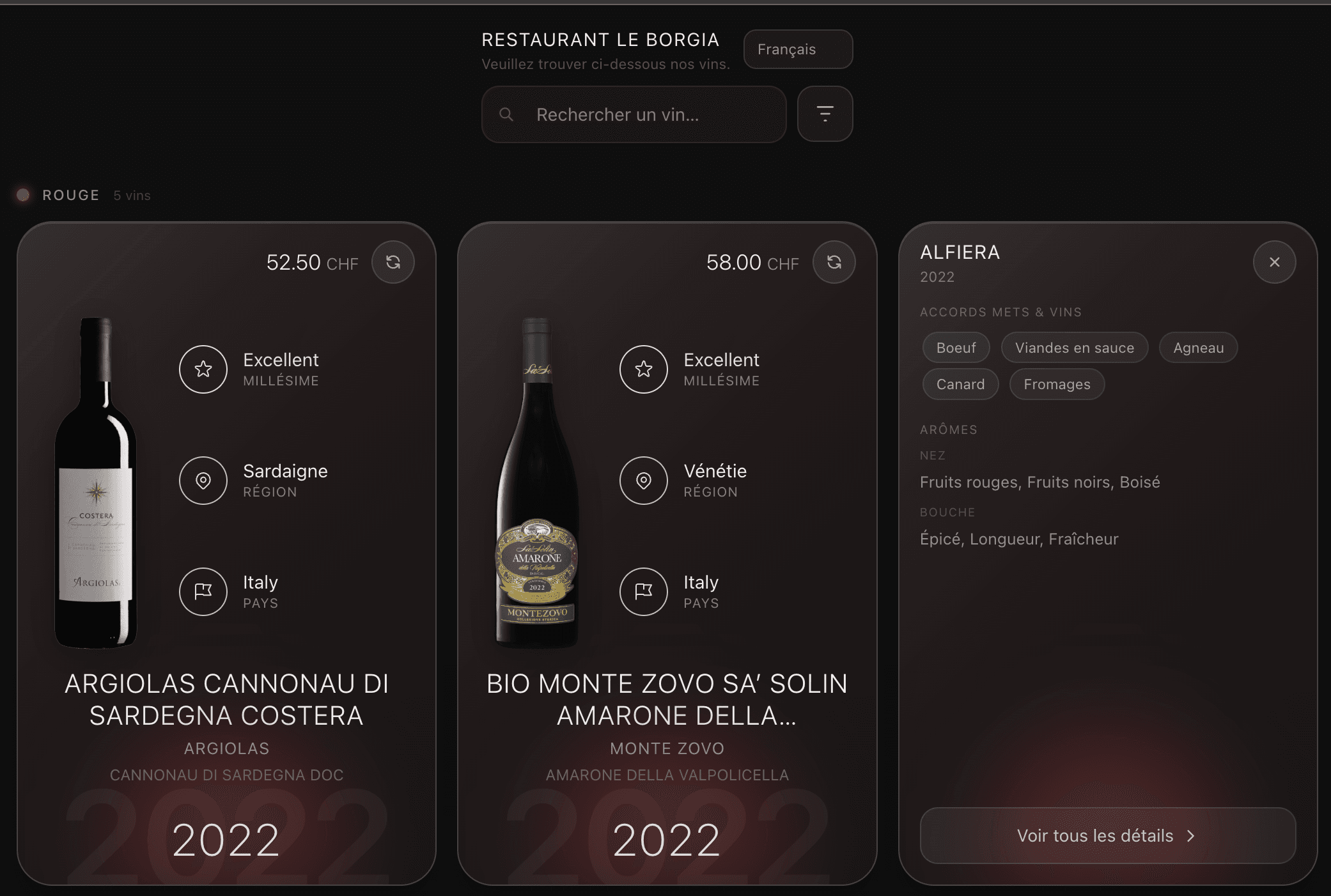 Carte des vins Pynar