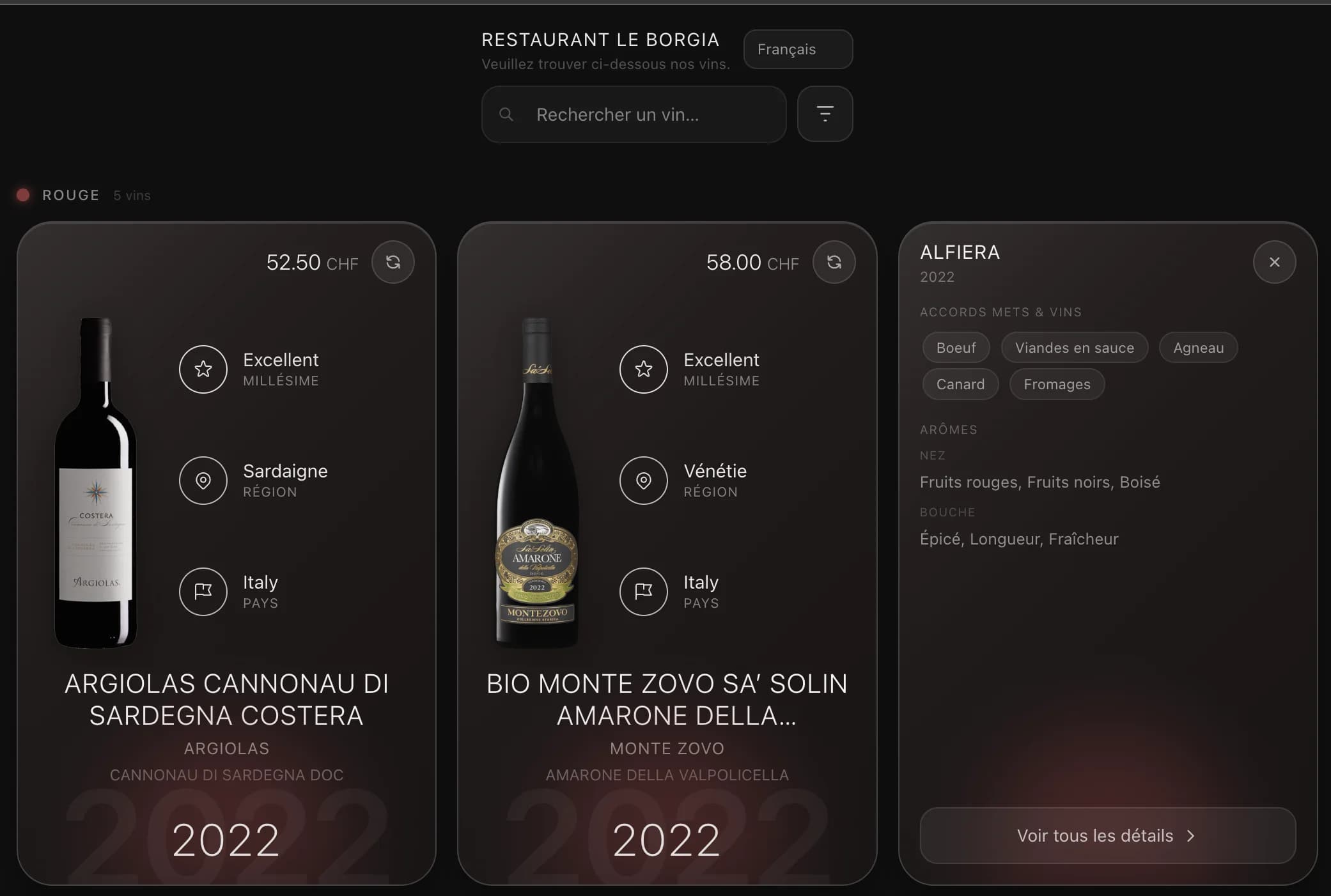 Carte des vins Pynar